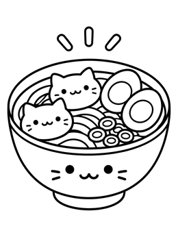 Free printable Cute Cat Ramen Noodle Bowl coloring page