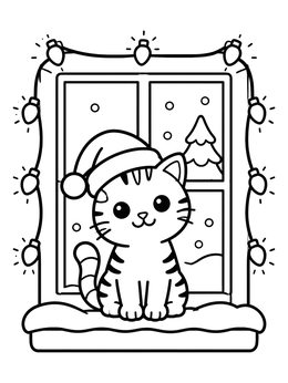 Free printable Cute Cat In Santa Hat By The Window coloring page