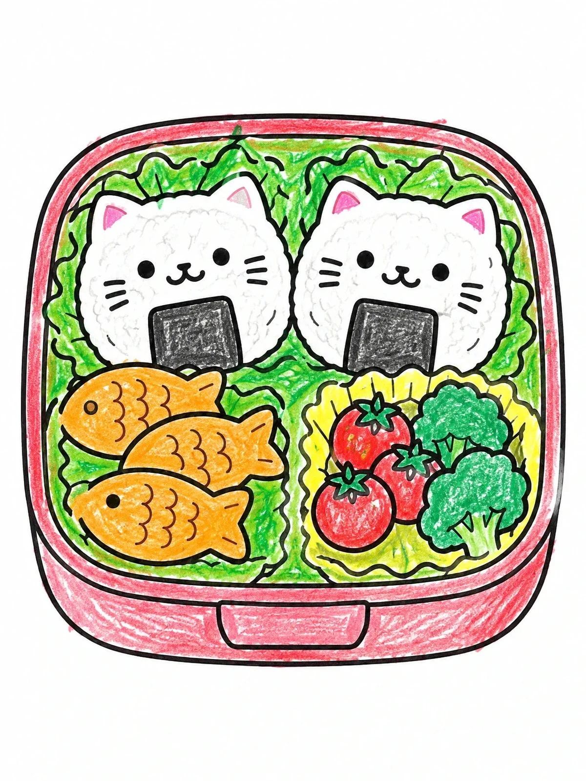 Colored example of the Cute Cat Shaped Bento Box coloring page