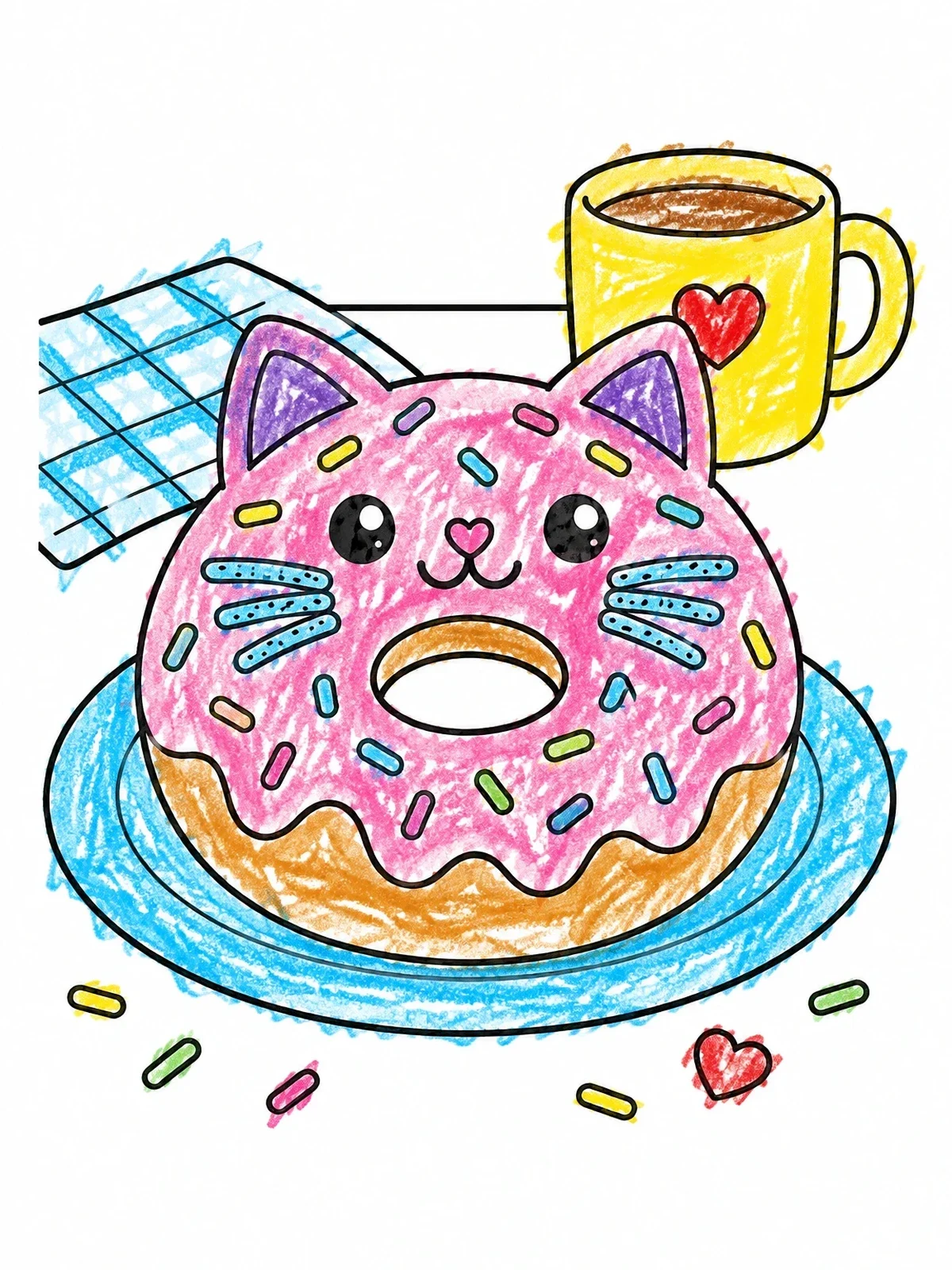 Colored example of the Cute Cat Shaped Glazed Donut coloring page