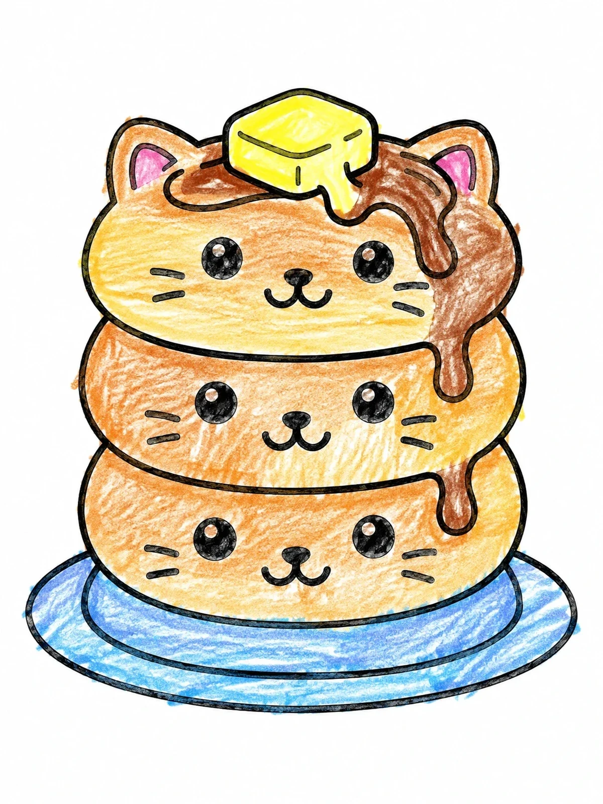 Colored example of the Cute Cat Shaped Pancake Stack coloring page