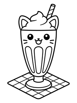 A cute cat soda float with whipped cream and a striped straw in this soda coloring page.