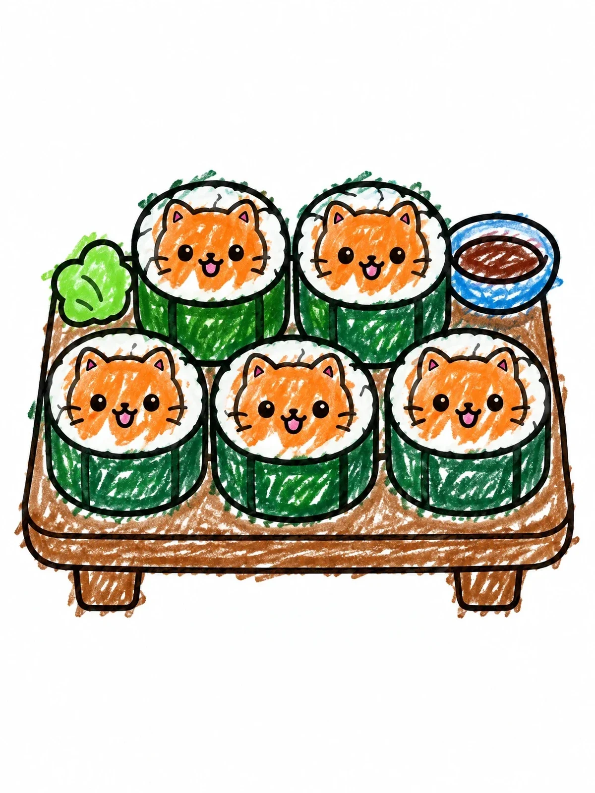 Colored example of the Cute Cat Sushi Roll Platter coloring page