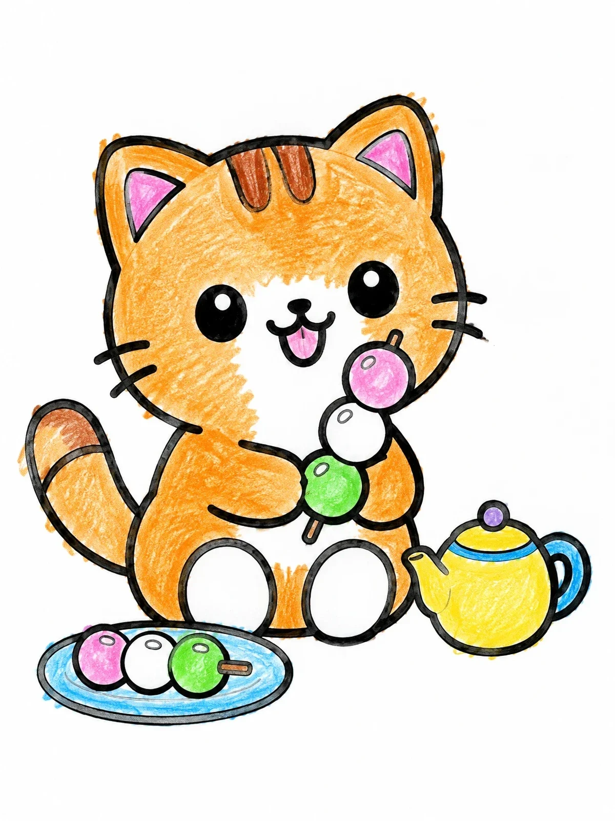 Colored example of the Cute Cat With Sweet Dango Mochi coloring page