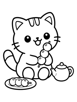 A sweet kitten holds dango on this delightful mochi coloring page.