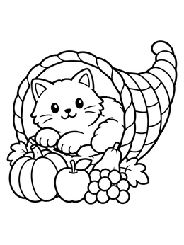 Free printable Cute Cat Inside Thanksgiving Cornucopia coloring page