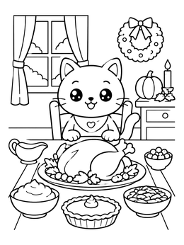 Free printable Cute Cat At Thanksgiving Dinner coloring page