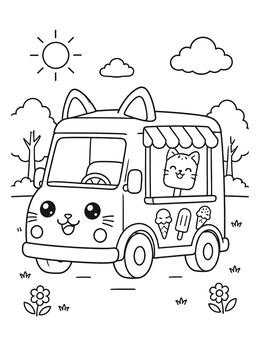 A sweet cat ice cream truck coloring page with cat ears and a popsicle mascot.