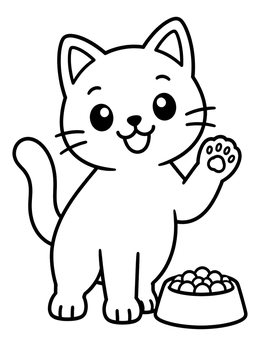 Free printable Cute Cat Waving By Food Bowl coloring page