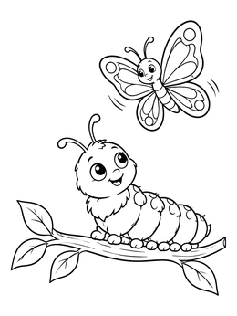 A happy caterpillar coloring page showing a friendly insect on a branch with a flying butterfly.