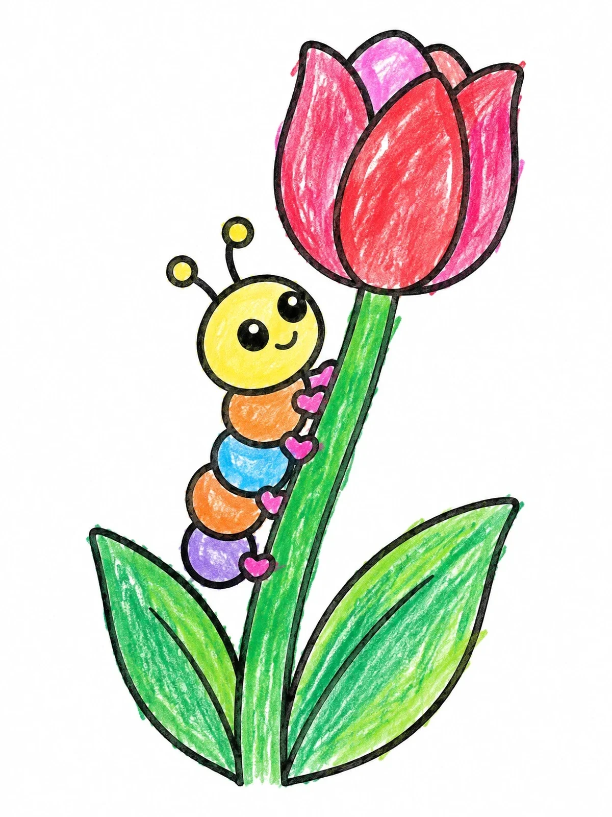 Colored example of the Cute Caterpillar Climbing A Tulip coloring page