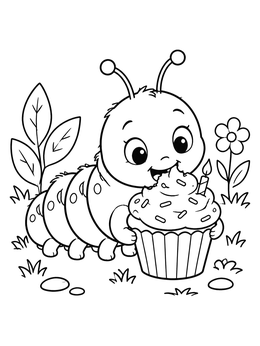 A cheerful caterpillar coloring page showing a caterpillar eating a frosted cupcake in a garden.