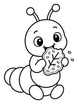 A cute caterpillar coloring page shows the smiling bug eating a sprinkled leaf cookie.
