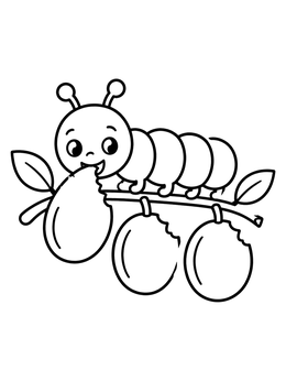 A cheerful caterpillar coloring page showing it nibbling sweet plums on a branch.