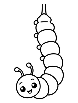 A cute caterpillar coloring page showing the insect hanging upside down in a simple curved shape.