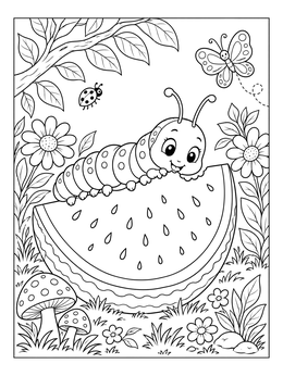 A cheerful insect crawls on fruit in this caterpillar coloring page.