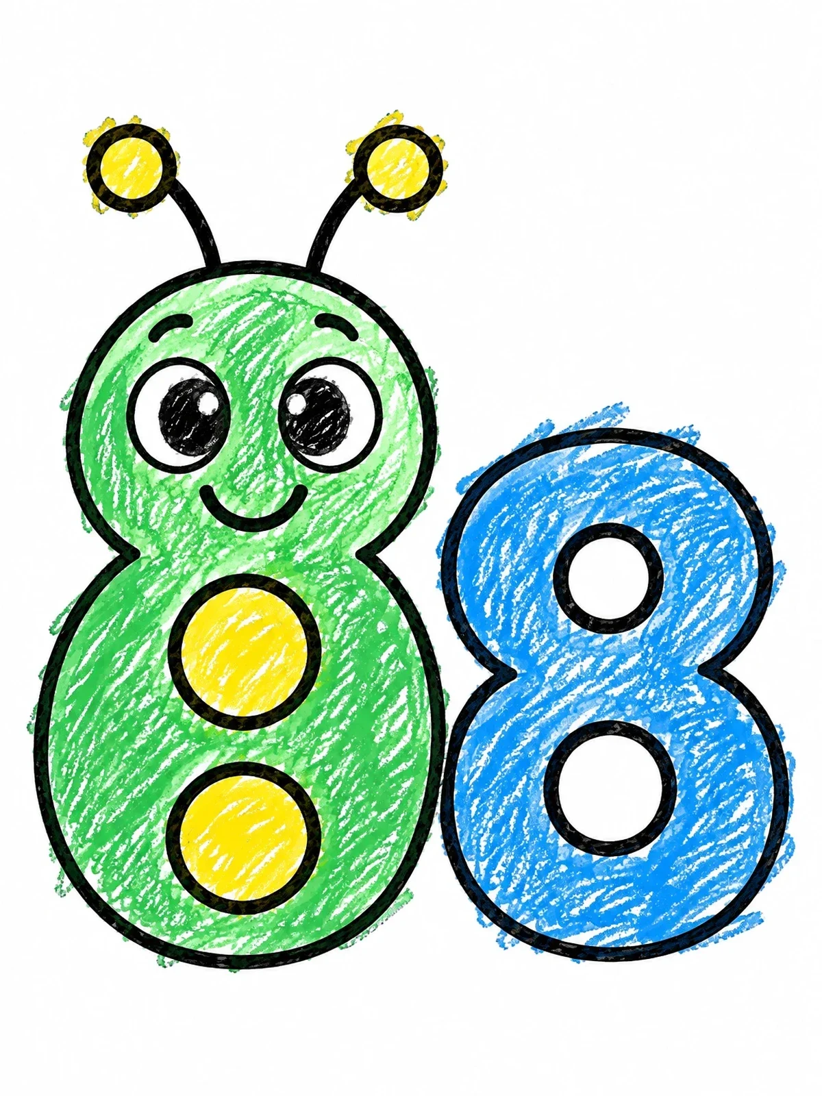 Colored example of the Cute Caterpillar Number Eight coloring page