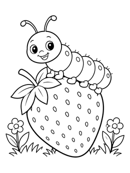 A cheerful caterpillar coloring page featuring a bug sitting on a big strawberry.