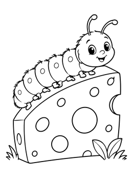 A cheerful caterpillar coloring page showing the bug climbing on a big slice of Swiss cheese.