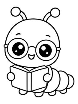 A cute caterpillar coloring page showing a friendly bookworm with glasses reading a storybook.
