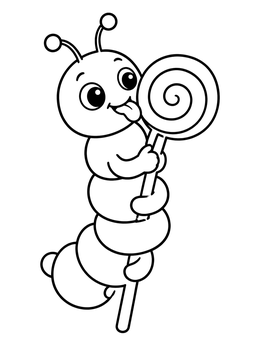 A cheerful caterpillar coloring page showing it licking a sweet spiral lollipop.