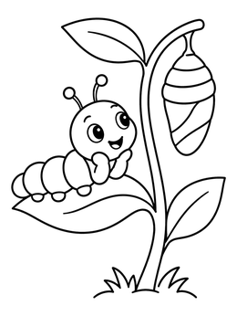 A cheerful caterpillar coloring page showing a bug watching a hanging chrysalis on a plant.