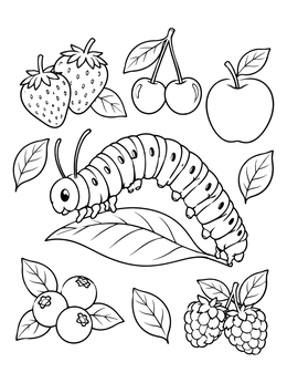 A friendly caterpillar coloring page featuring an arching insect surrounded by berries, cherries, and an apple.