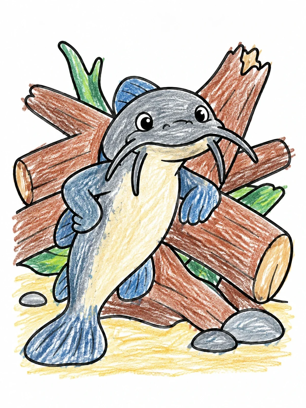 Colored example of the Cute Catfish By Sunken Logs coloring page