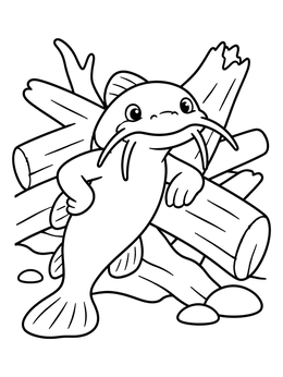 A cheerful cartoon fish in this catfish coloring page leaning against river driftwood.