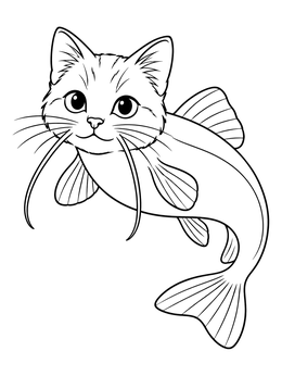 A playful kitten head on a swimming fish body in this catfish coloring page.