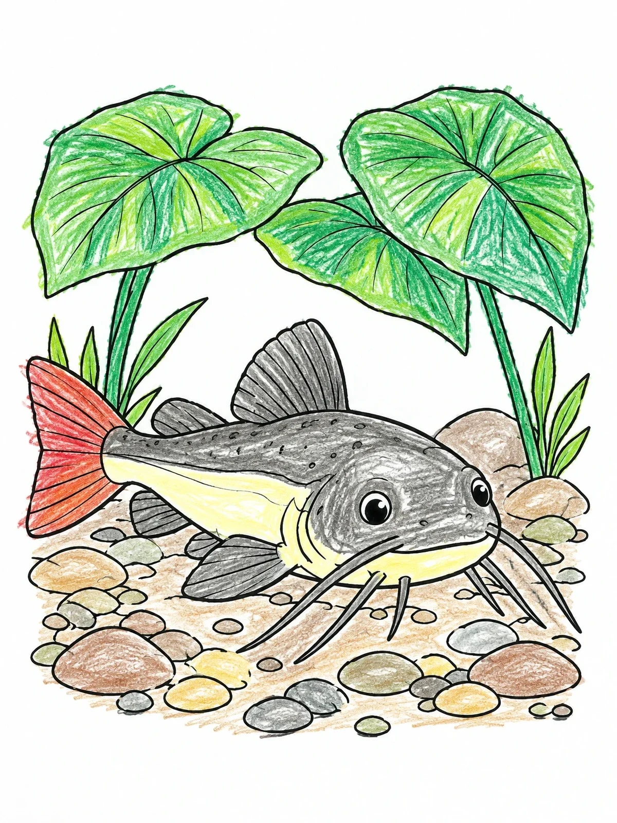 Colored example of the Cute Catfish Resting Under River Leaves coloring page
