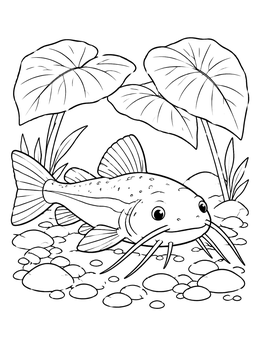 Free printable Cute Catfish Resting Under River Leaves coloring page