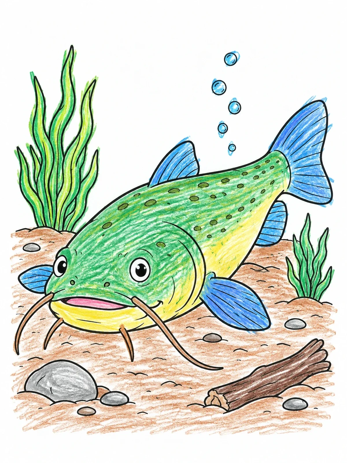Colored example of the Cute Catfish On The Riverbed coloring page