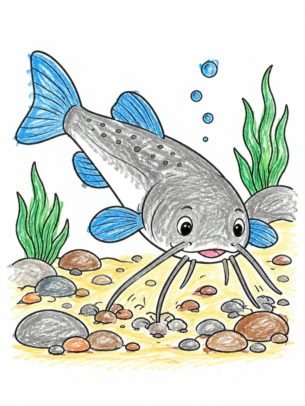 Colored example of the Cute Catfish On The Riverbed coloring page