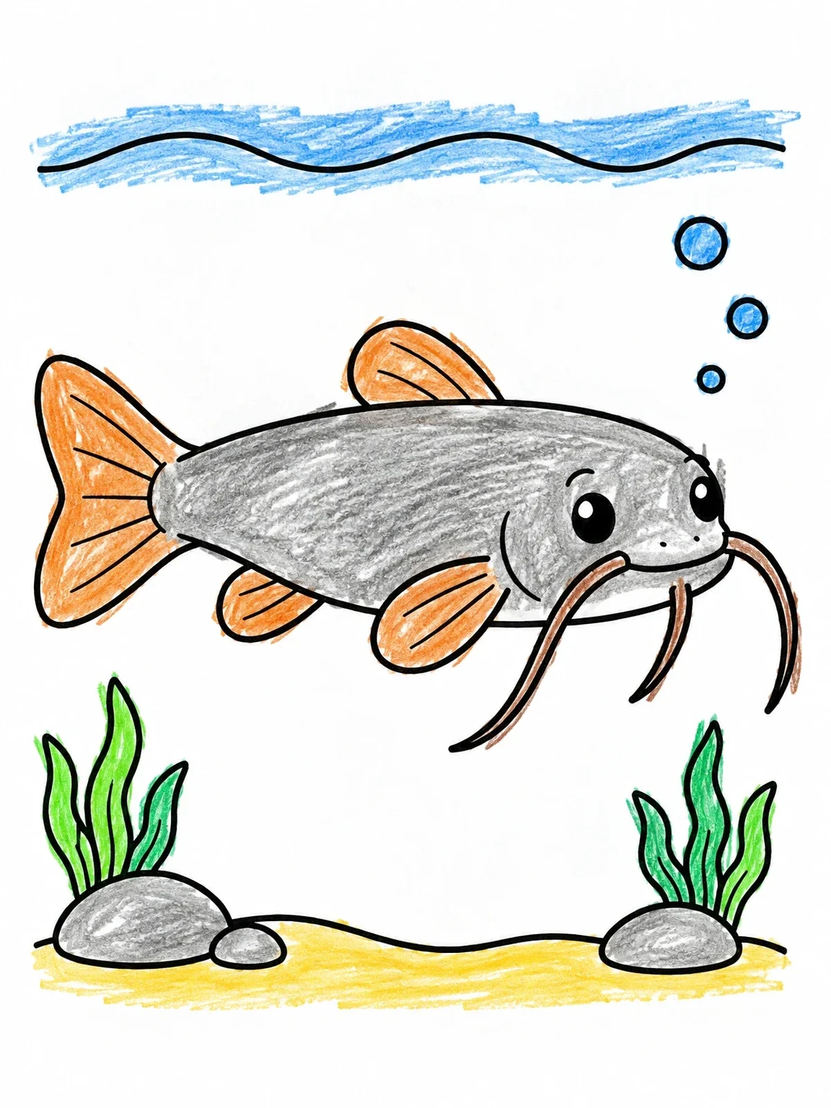 Colored example of the Cute Catfish Swimming Underwater coloring page