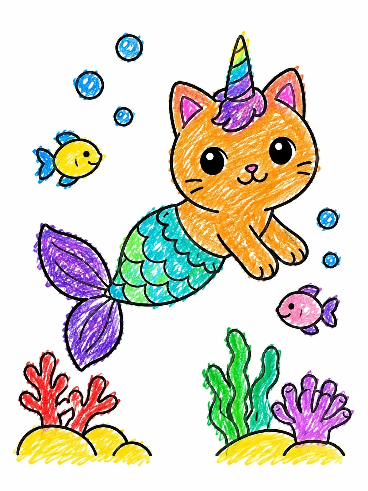 Colored example of the Cute Caticorn Mermaid Swimming Underwater coloring page