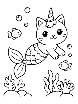 Free printable Cute Caticorn Mermaid Swimming Underwater coloring page