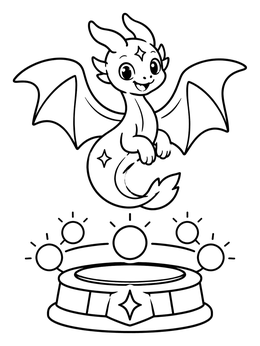 A celestial baby dragon coloring page hovering happily above a glowing altar.