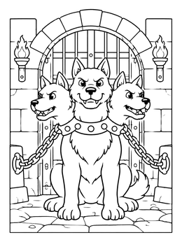 Free printable Cute Cerberus Guarding Castle Gate coloring page