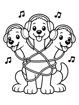 Free printable Three Headed Puppy Listening To Music coloring page