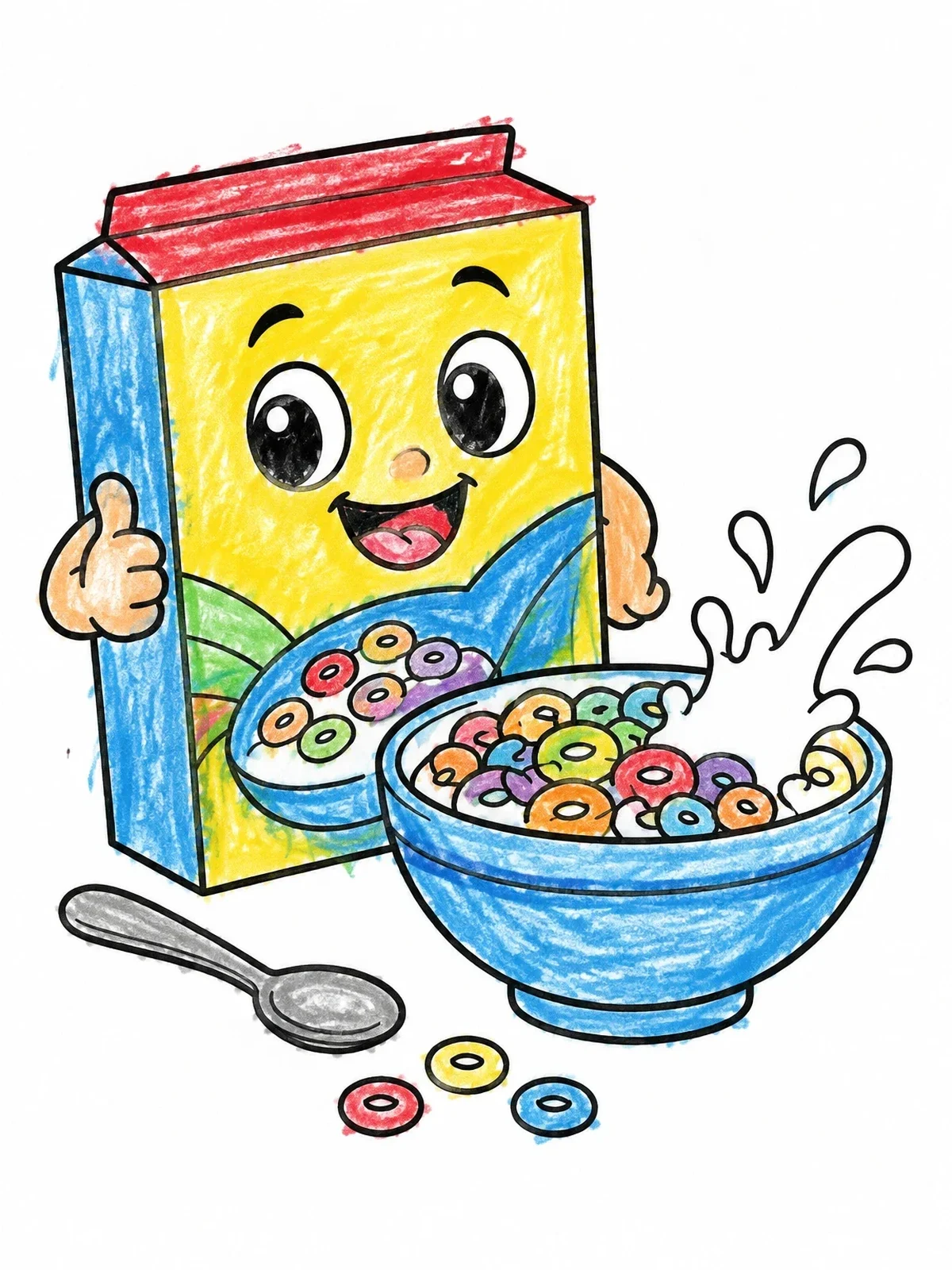 Colored example of the Happy Cereal Box And Splash Bowl coloring page