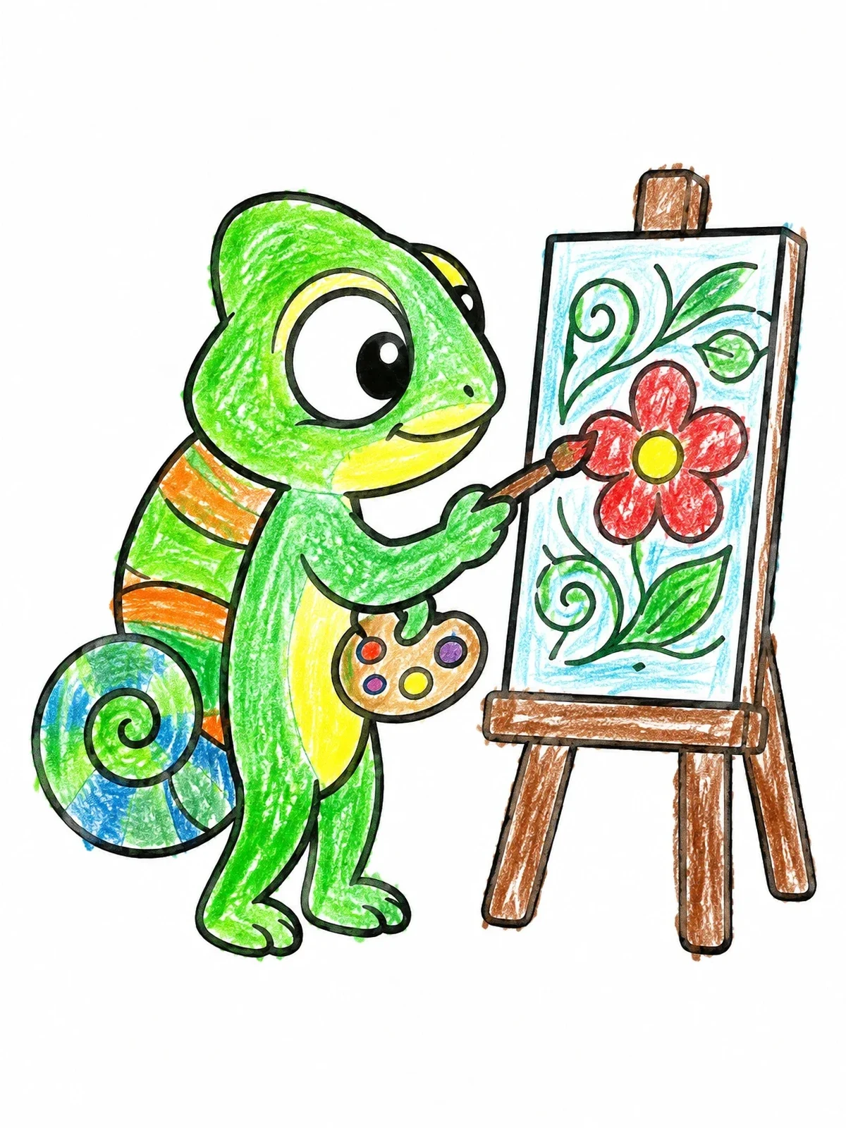 Colored example of the Cute Chameleon Artist Painting Floral Canvas coloring page