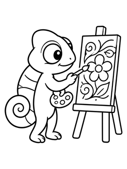 A cute chameleon coloring page showing a little lizard painting a flower on an easel.