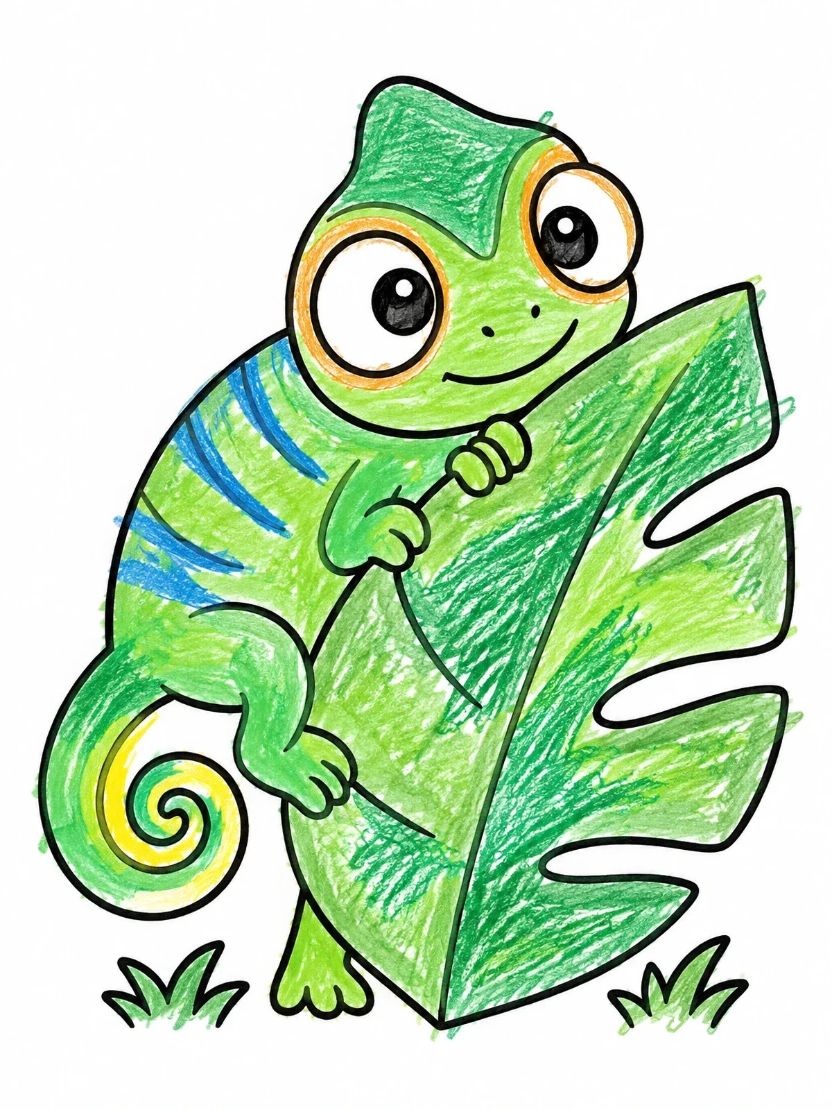 Colored example of the Cute Chameleon Behind Jungle Leaf coloring page