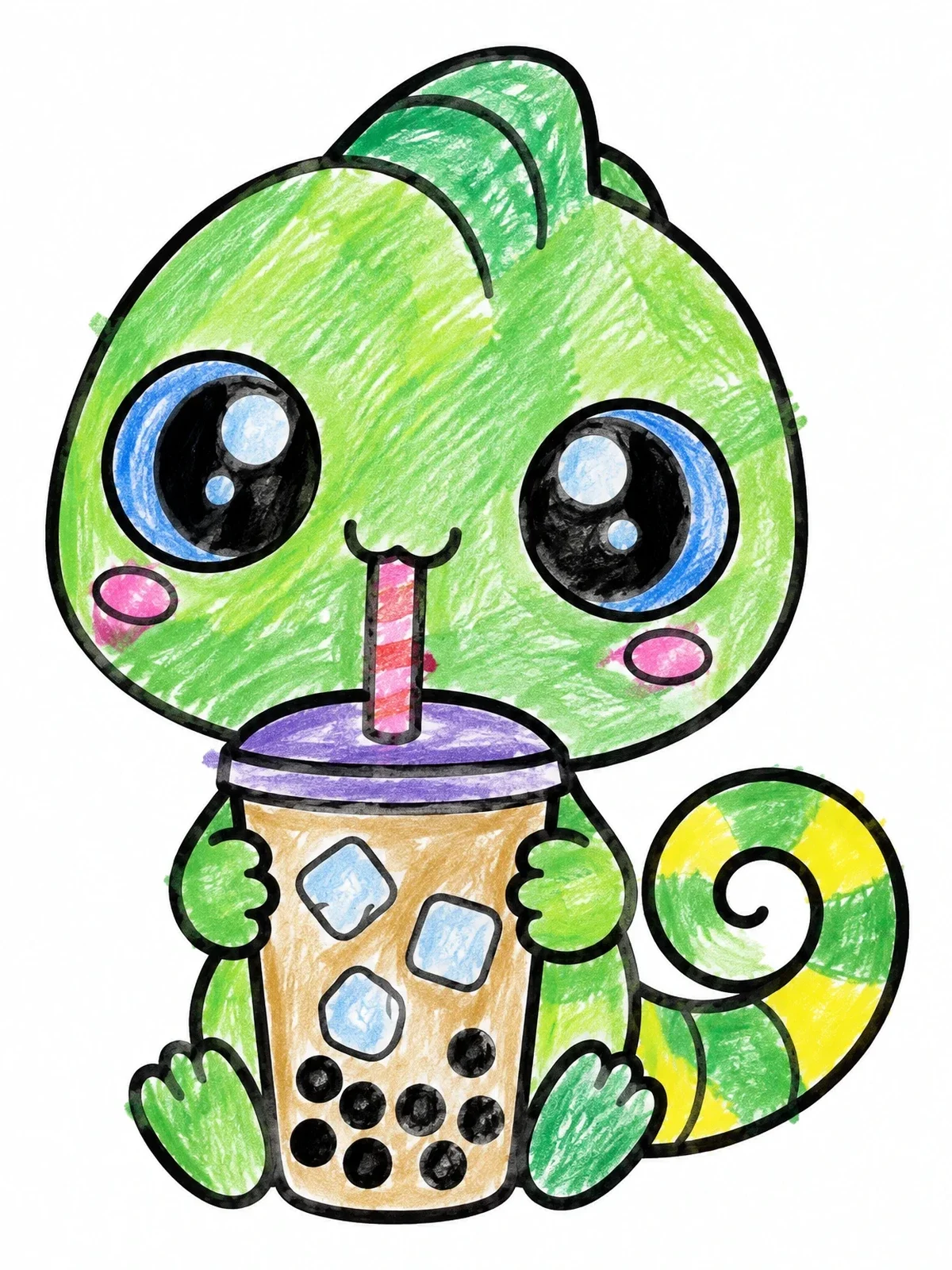 Colored example of the Cute Chameleon Drinking Boba Tea coloring page