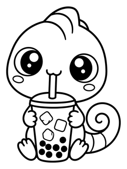 A cute chameleon coloring page showing a little reptile drinking iced boba tea.