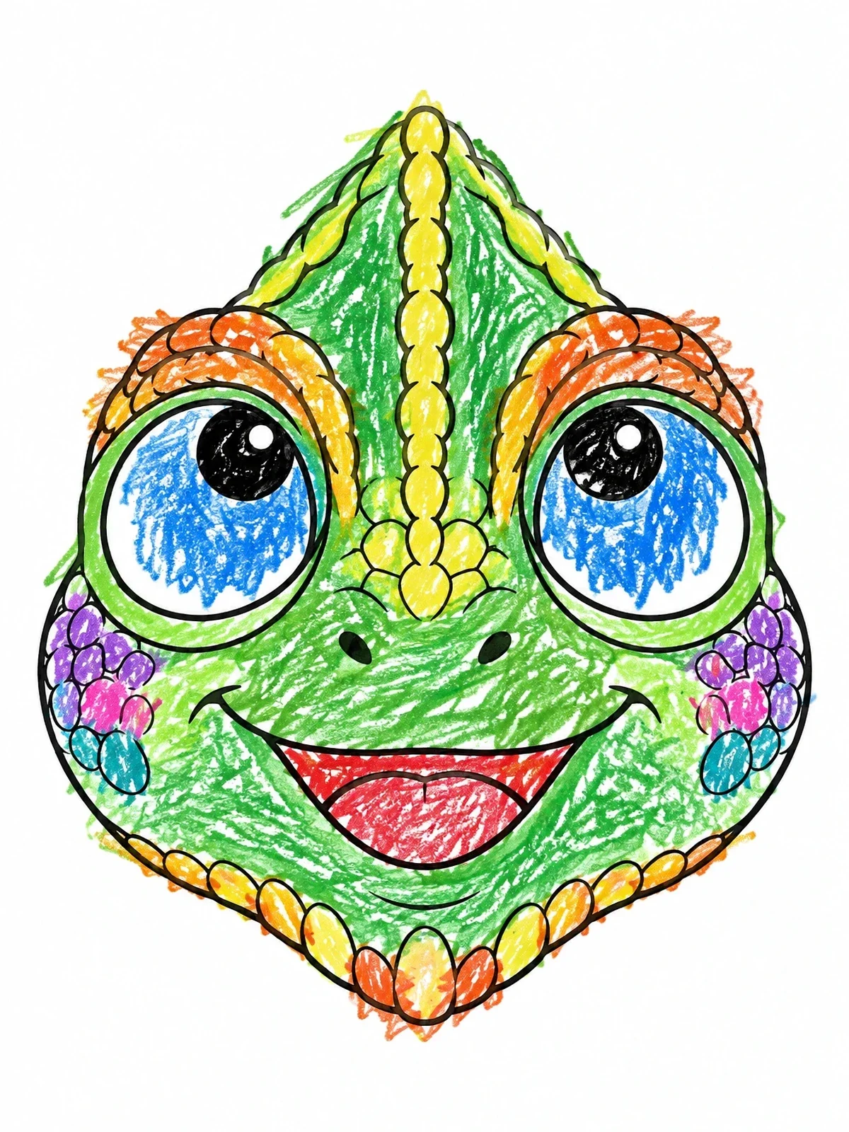 Colored example of the Cute Chameleon Face Looking Up coloring page