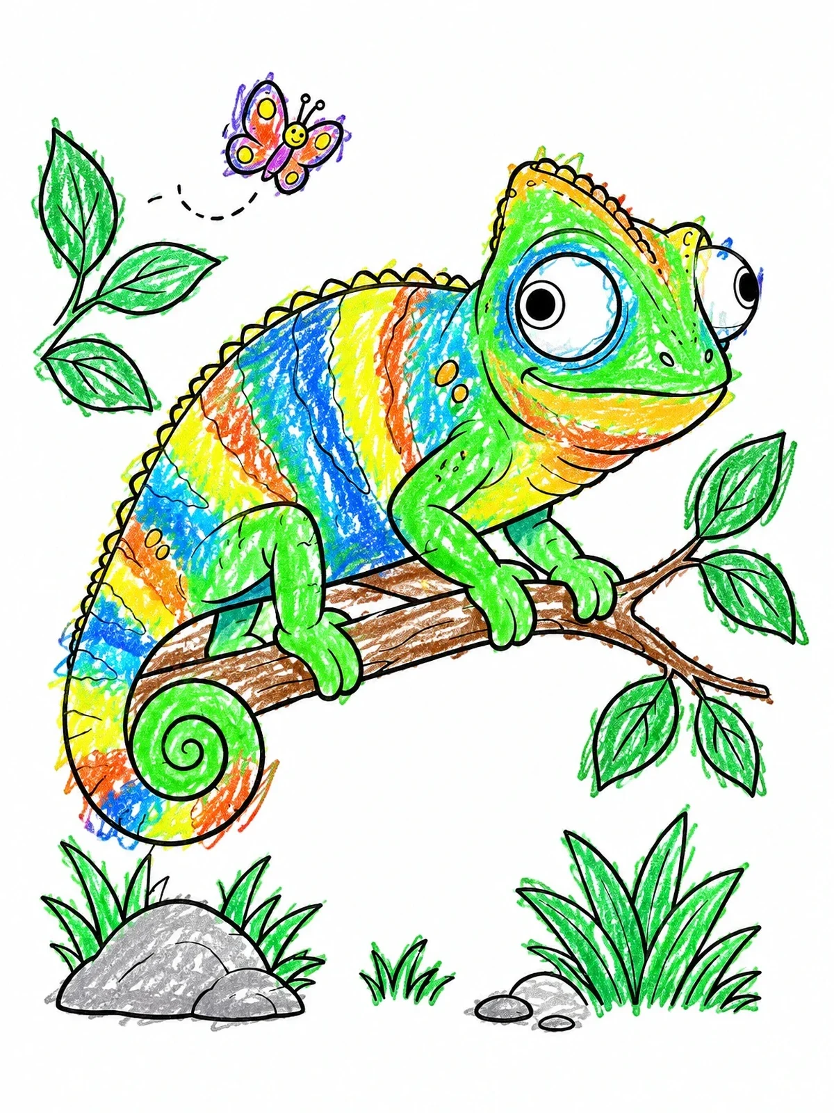 Colored example of the Chameleon On A Branch With Butterfly coloring page
