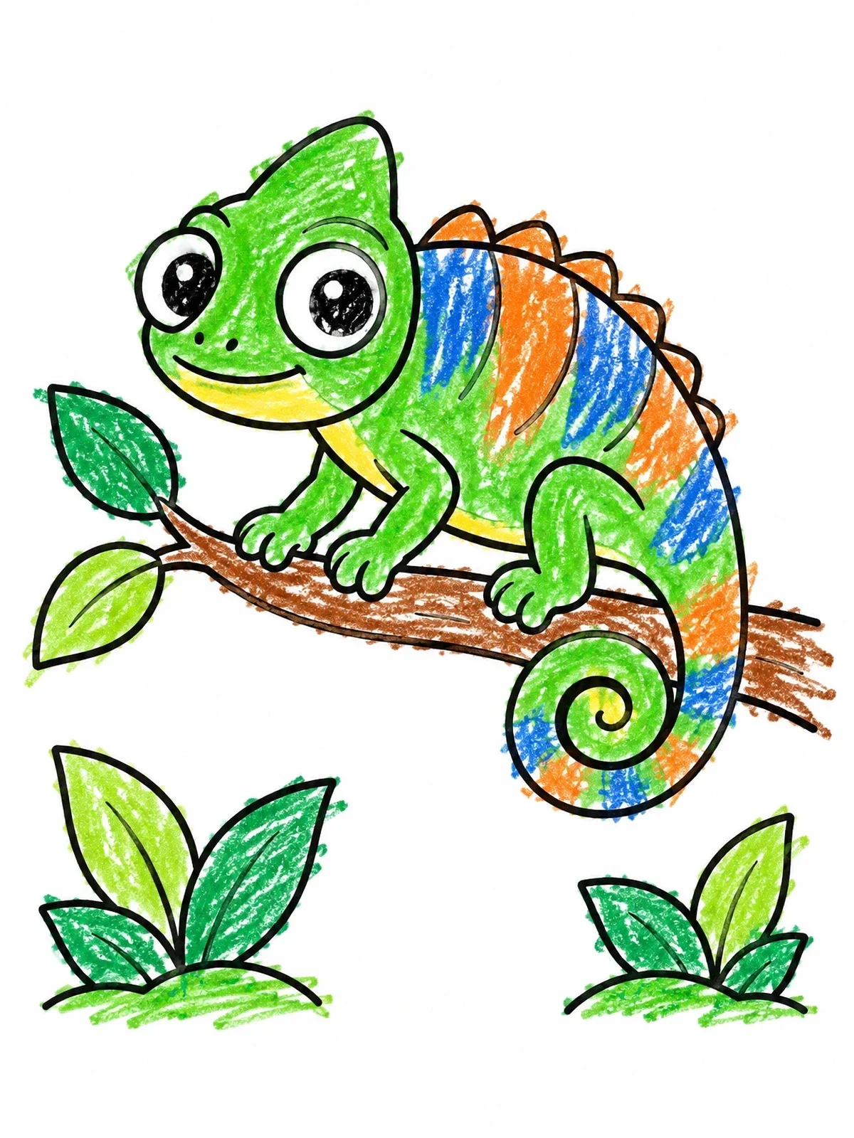 Colored example of the Cute Chameleon On A Branch coloring page