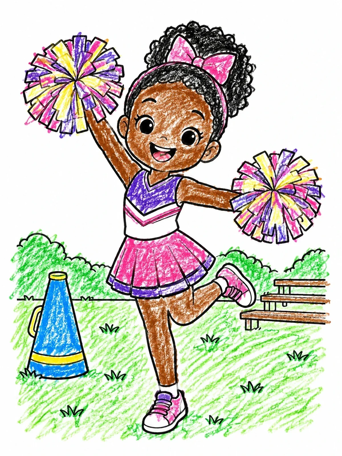 Colored example of the Cute Cheerleader Balancing On One Leg coloring page